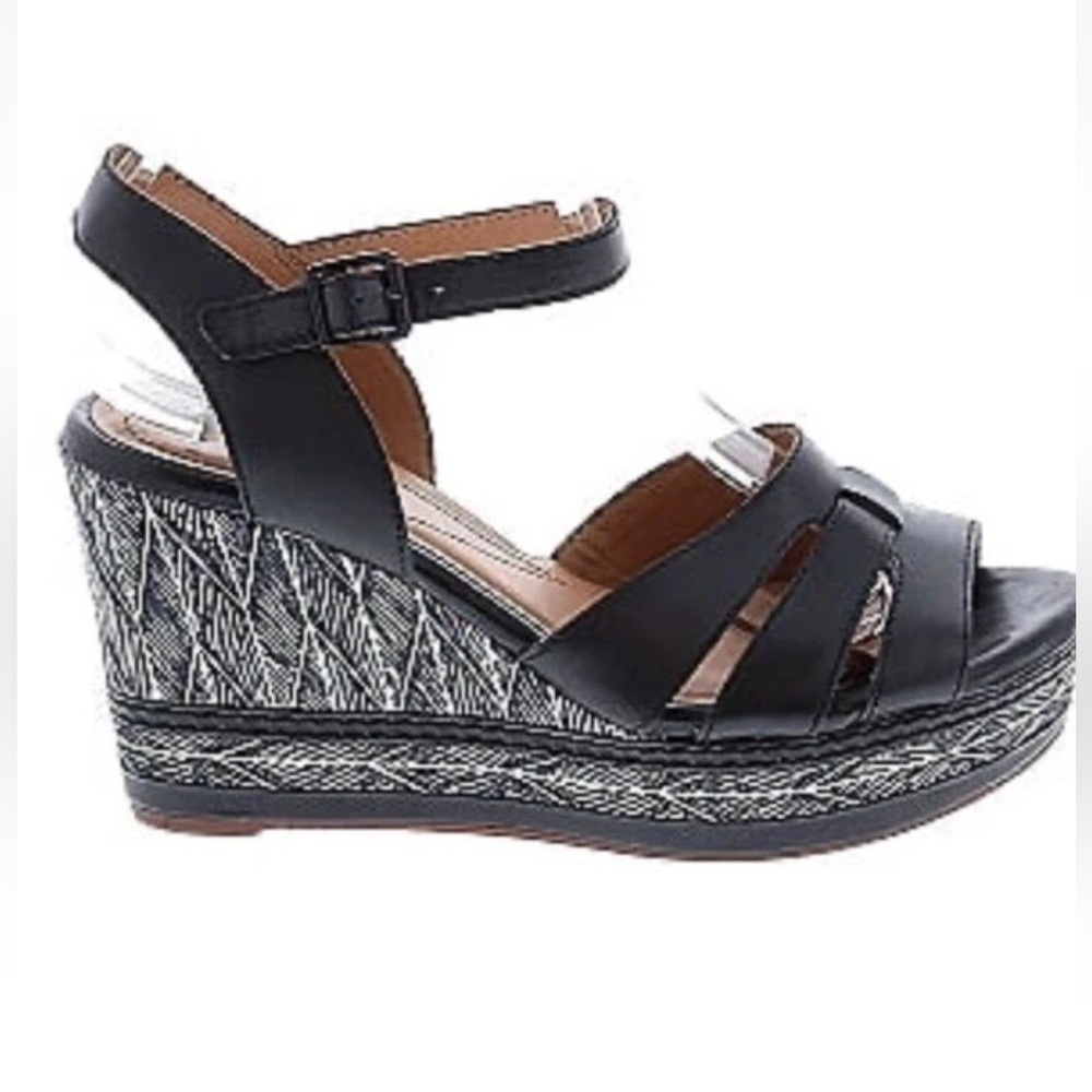 Clarks Zia Noble ankle strap wedge sandals in black leather